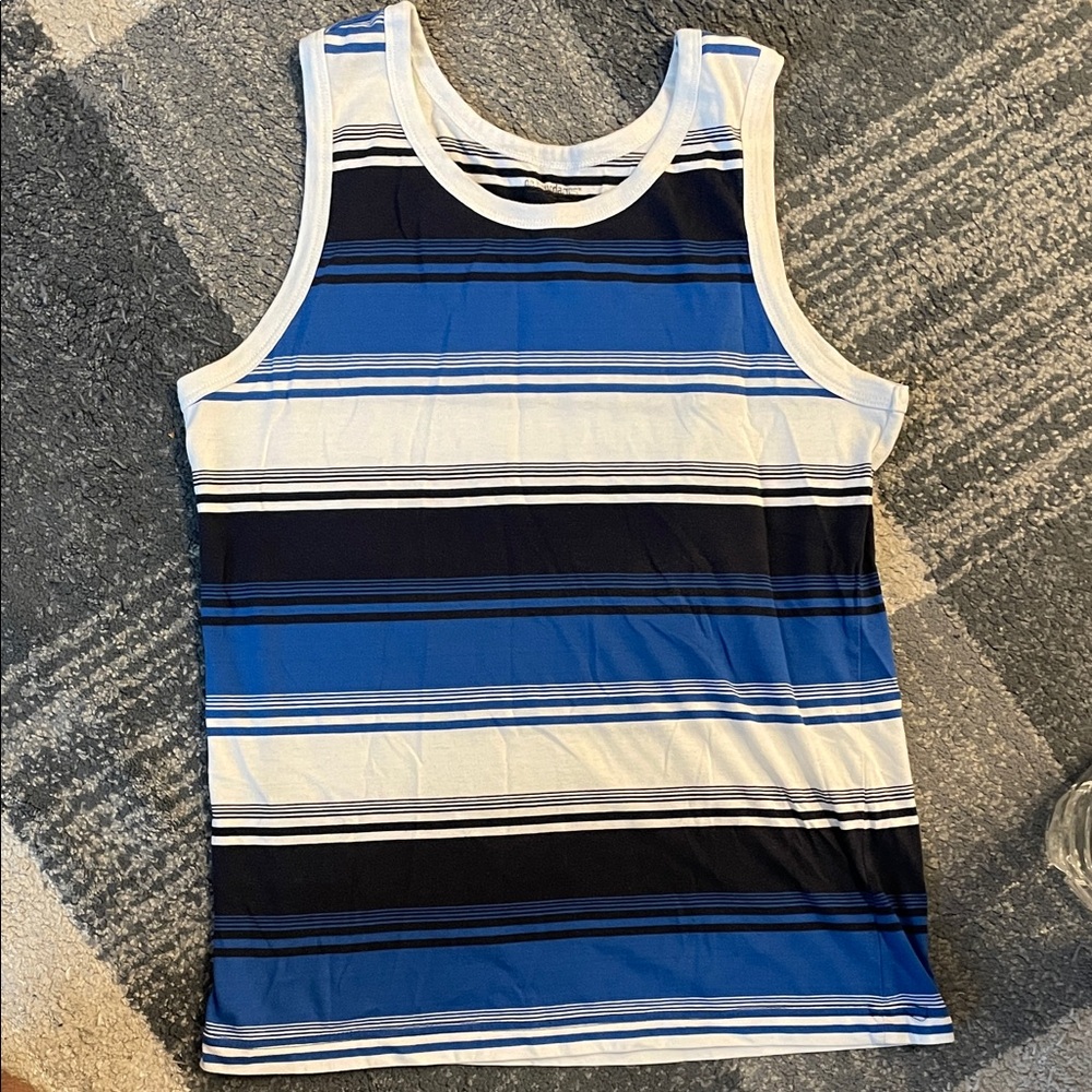 No Boundaries Men's Blue and Black Striped Tank Top